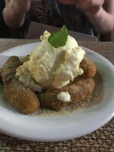 Our fantastic dessert - banana fritta! Fried bananas in cinnamon and sugar with ice cream
